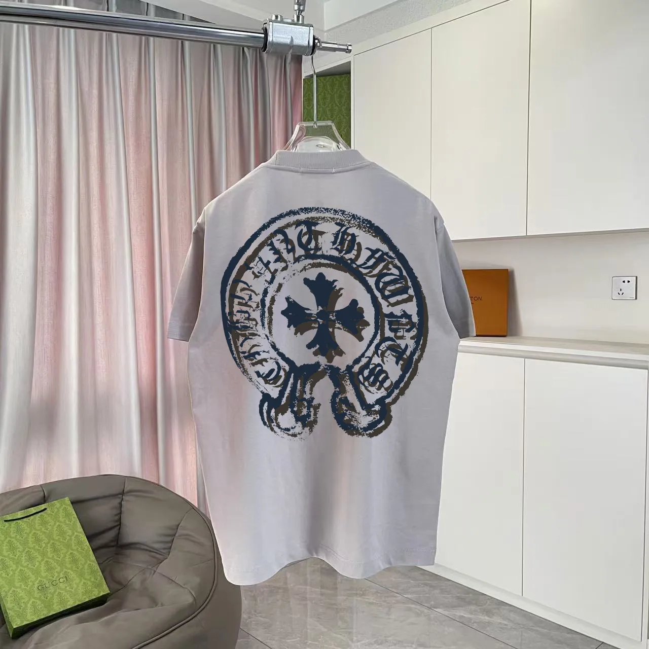 🅿️170 ch Cro* 2025 summer new style Sanskrit cross horseshoe print short-sleeved T-shirt customized fabric 300g same style for men and women Size: S M L XL XXL five sizes Color: black white rose red iron gray